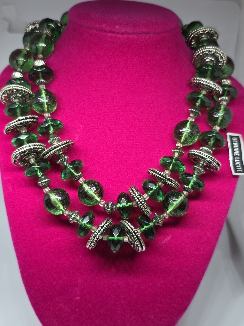 30" Green Translucent Genuine Lucite Faceteted Bead Necklace Vintage New Old Stk